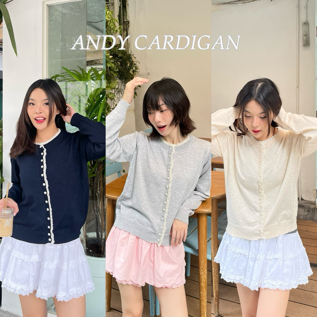 ANDY CARDIGAN - เสื้อคาดิแกนไหมพรม ดีเทลขอบลูกไม้ ติดกระดุมมุก (nita.bkk)
