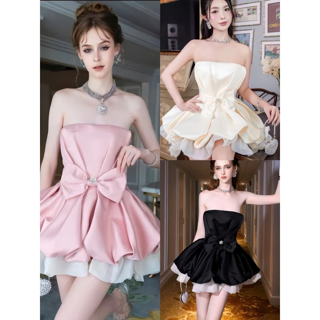 P199 พร้อมส่งในไทย ชุดเดรมสุดลัคชู เดรสเกาะอกสไตล์เรียบหรู