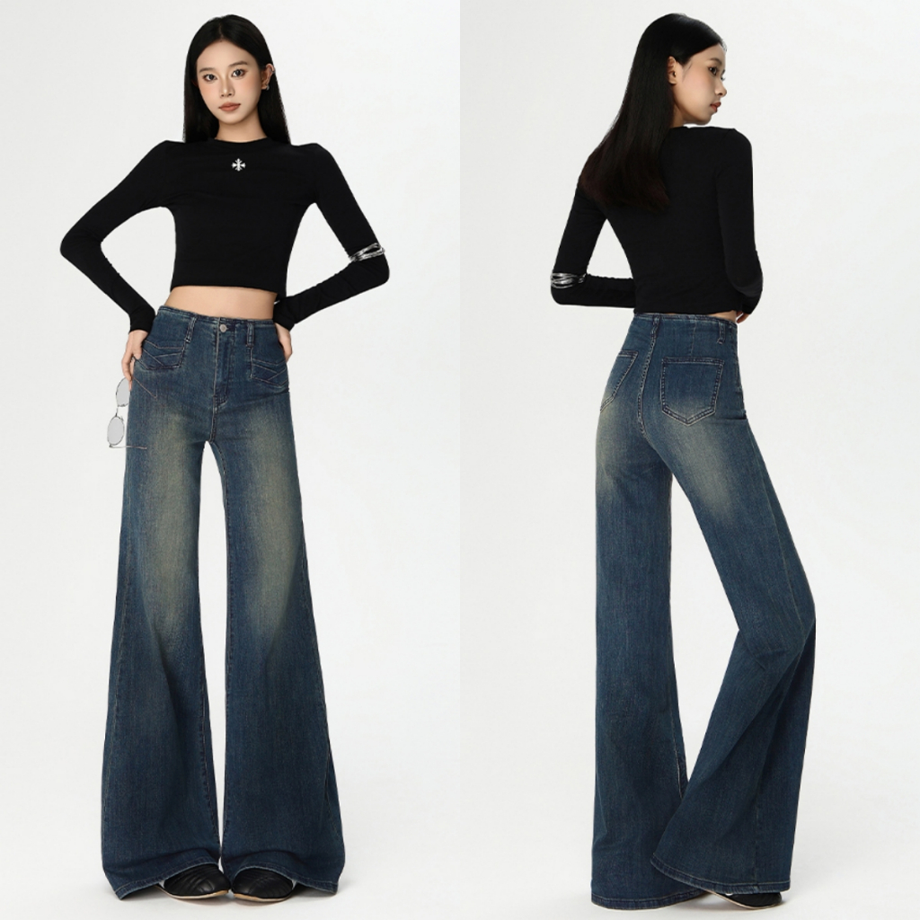 กางเกงยีนส์ขาบานสีฟ้าสไตล์เรโทร กางเกงขายาวผู้หญิง กางเกงขายาวทรงหลวม