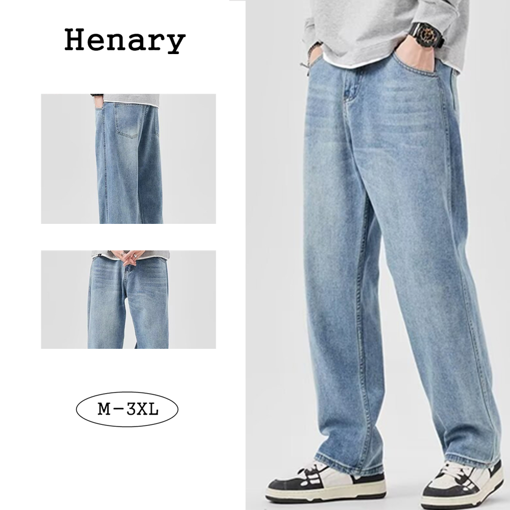 Henary กางเกงยีนส์ผู้ชาย ทรงตรงวินเทจ ทรงหลวม สวมใส่ง่าย สีฟ้าอ่อน ไซส์ M-3XL