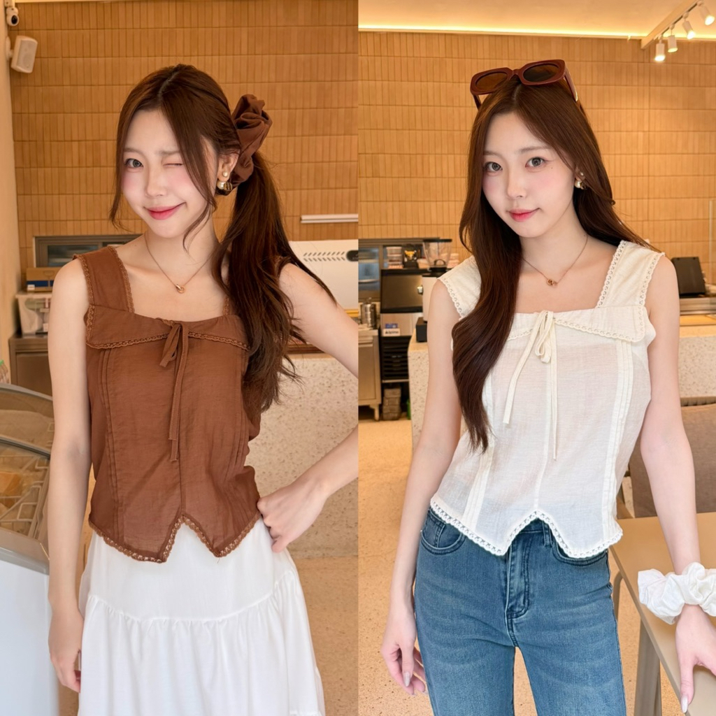 littlesoulmate เสื้อแขนกุดคอเหลี่ยม แถมยางมัดผม scrunchie ผ้าฝ้ายผูกโบว์ มีซิปข้าง สไตล์เกาหลี(alright)