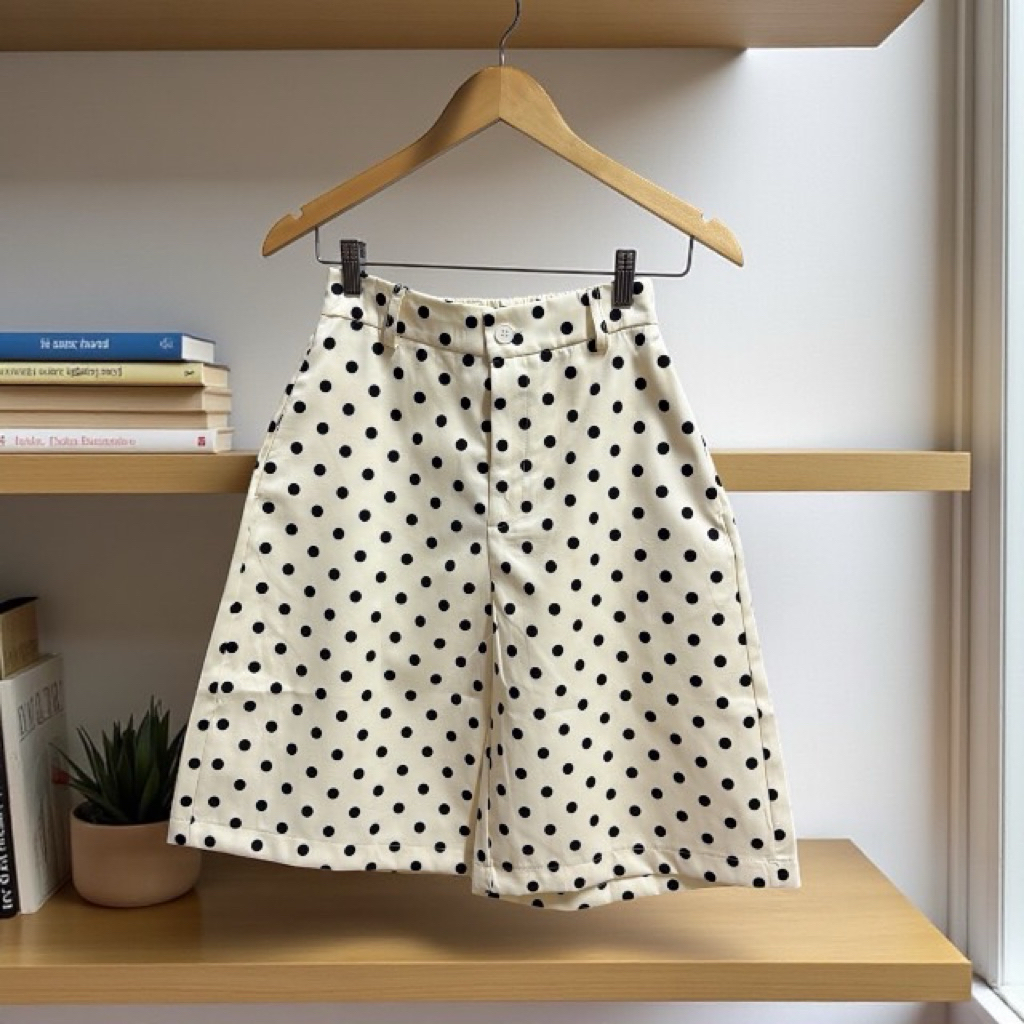 กางเกงสามส่วนชิคๆผ้าคอตต้อนอัดกาวลายจุดสีครีมงานฟรีไซร้ เอวยางยืดหลังมีกระเป๋า - รูปที่ 3