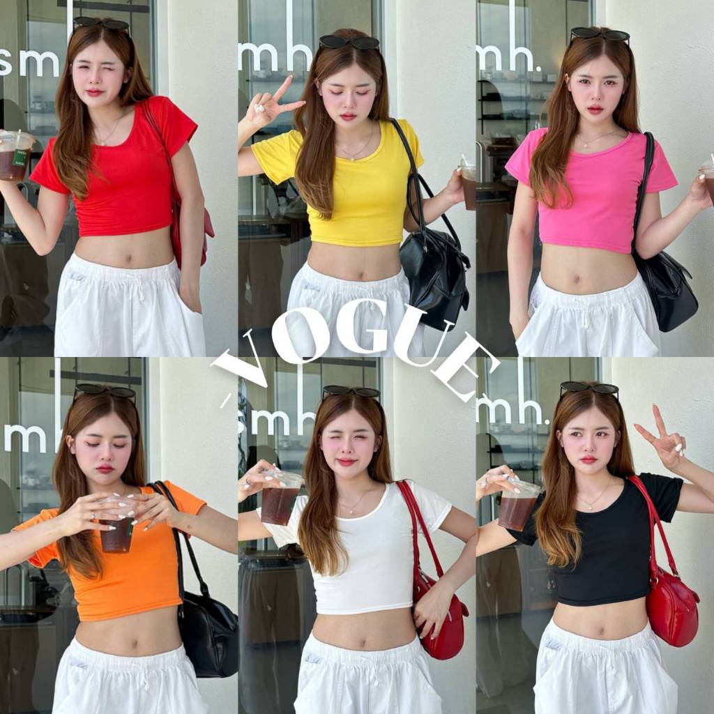 Vogue🌟พร้อมส่ง🌟 เสื้อครอปคอกลม แขนสั้น ยืดตามผ้าลื่นๆ สีสั้นสดใสแจ่มว้าว ใส่สบายมาก (TKS-2)