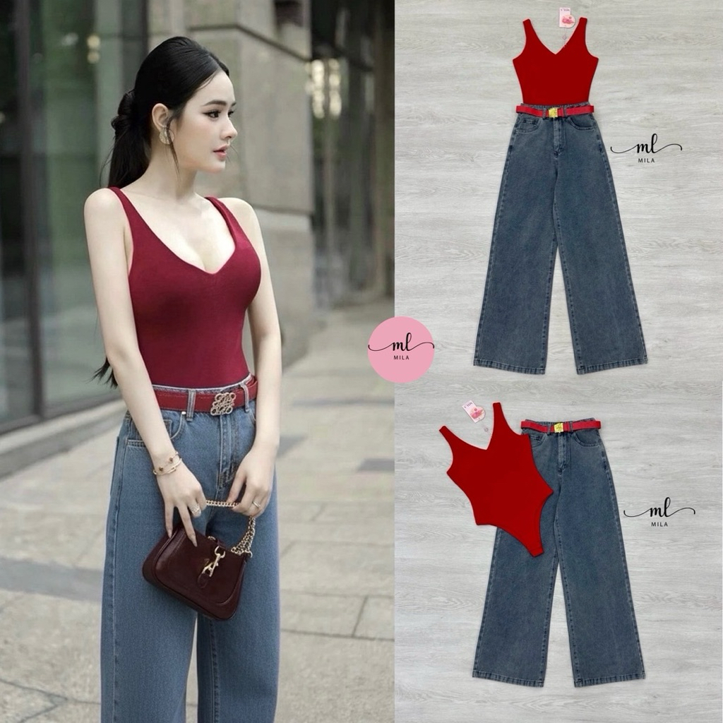 MILA (ว่าง M1) Set(2)ชิ้น เสื้อบอดี้สูท+กางเกงยีนส์ขายาว+เข็มขัด ตัวแม่ห้ามพลาดทำถึงมาก