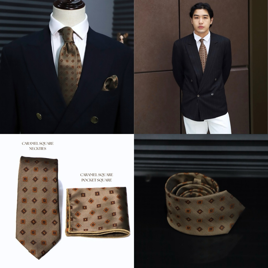 เนคไทด์สีน้ำตาลคาราเมลลายสแควร์ Caramel square necktie
