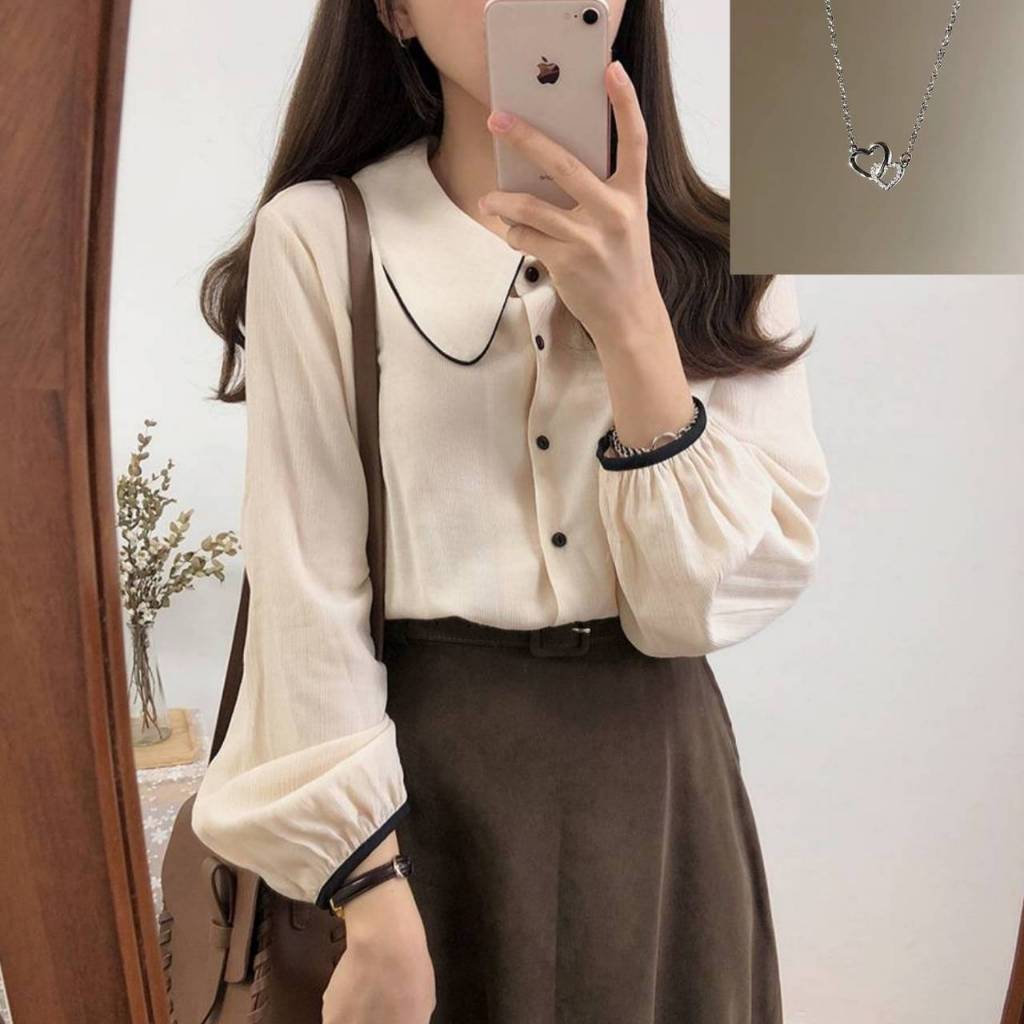 ( เเถมฟรีสร้อย) เสื้อเชิ๊ตเเขนยาวคอปก ZOEY เเต่งกระดุมด้านหน้า มี 2 สี กรม เเละครีม ผ้าเบสใส่สบาย  สวมใส่ได่ทุกโอกาส