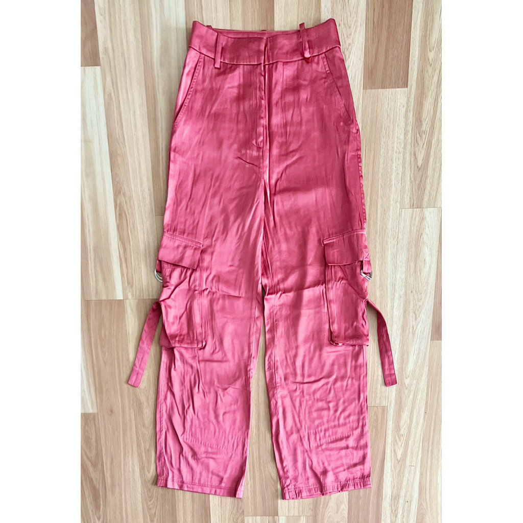 h&m satin cargo pantชมพู