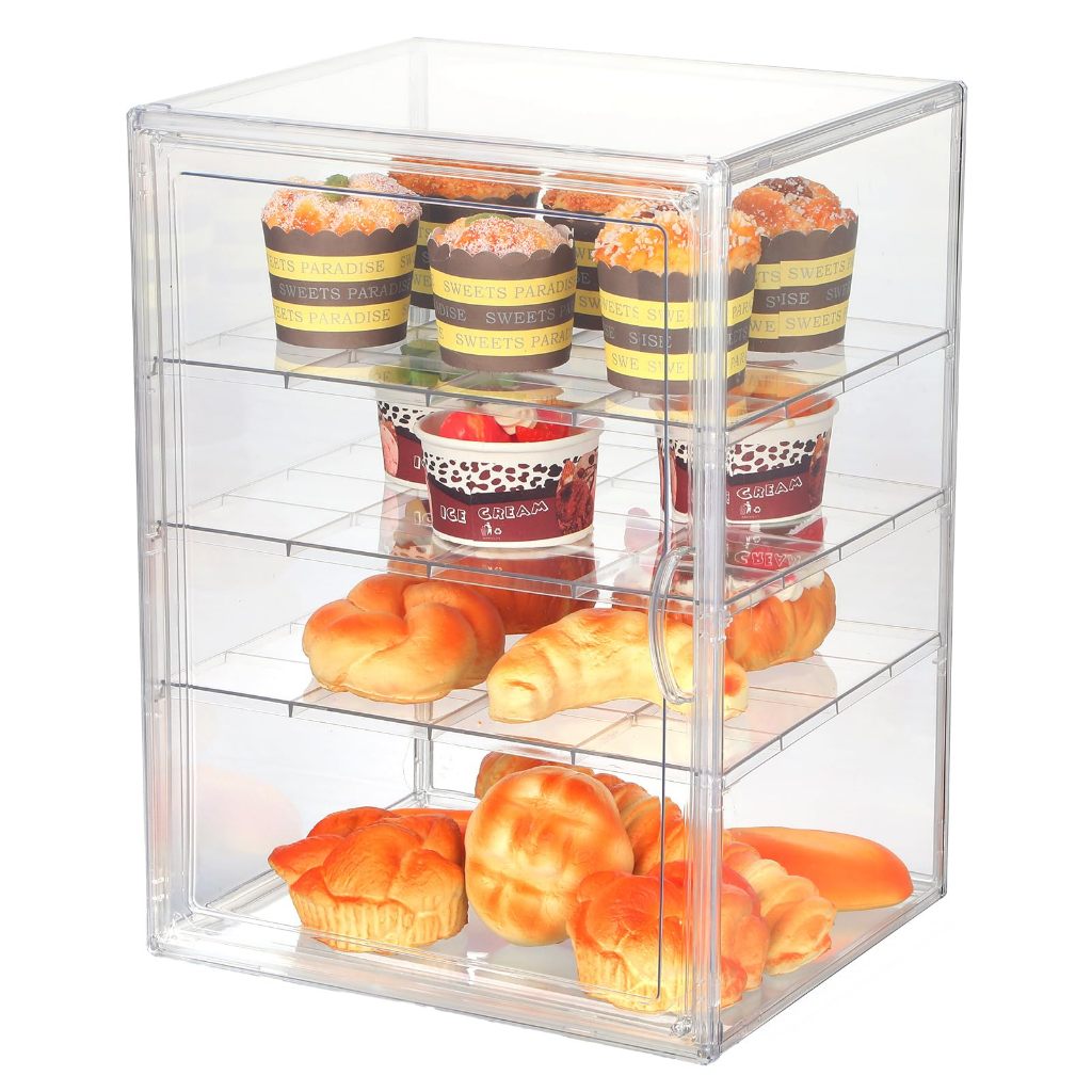 Bread Box for Kitchen Countertop Pastry Display Case 4 Layers Adjustable Clear Bread Storage Contain