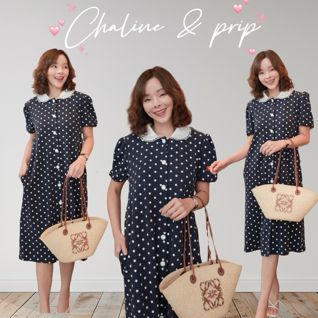 Chaline & prip • เดรสผ้าคอตตอนยืดอย่างดี ลาย polkadot น่ารัก