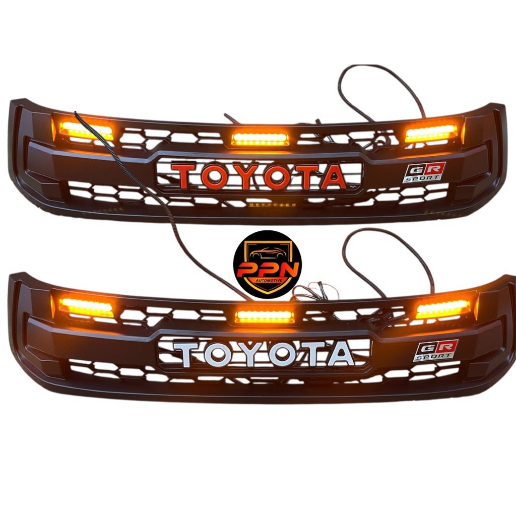 กระจังหน้าแต่ง รีโว่ โลโก้TOYOTA ลายGR มีไฟ ปี 2015 2016 2017 REVO GR revo gr  2015 สีดำรังผึ้ง