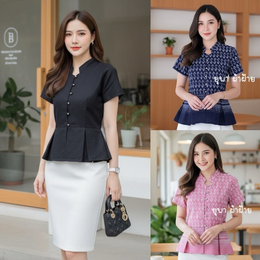 เสื้อคอจีนลายขอพระราชทาน ระบายชายจีบทวิต