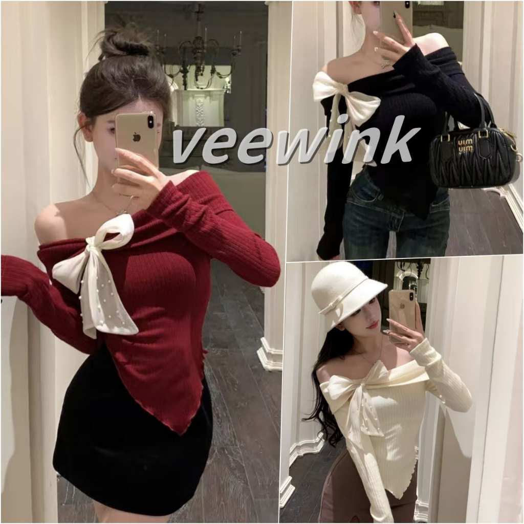 Veewink พร้อมส่งจากกทม ชุดปีใหม่ สเวตเตอร์ เปิดไหล่ สไตล์เกาหลี  สีพื้น สไตล์ลำลอง เหมาะสำหรับปีใหม่และคริสต์มาส
