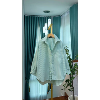 เสื้อเชิ้ตลายริ้ว (แขน 5 ส่วน) 🌈 แต่งกระเป๋า “หน้าสั้น หลังยาว”