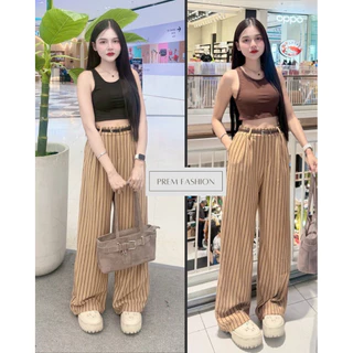 @PREM🌸ชุดเซท3ชิ้น เสื้อกล้ามกางเกงลายริ้วขากระบอกทรงสวย💕(แถมเข็มขัดสวยหรู)