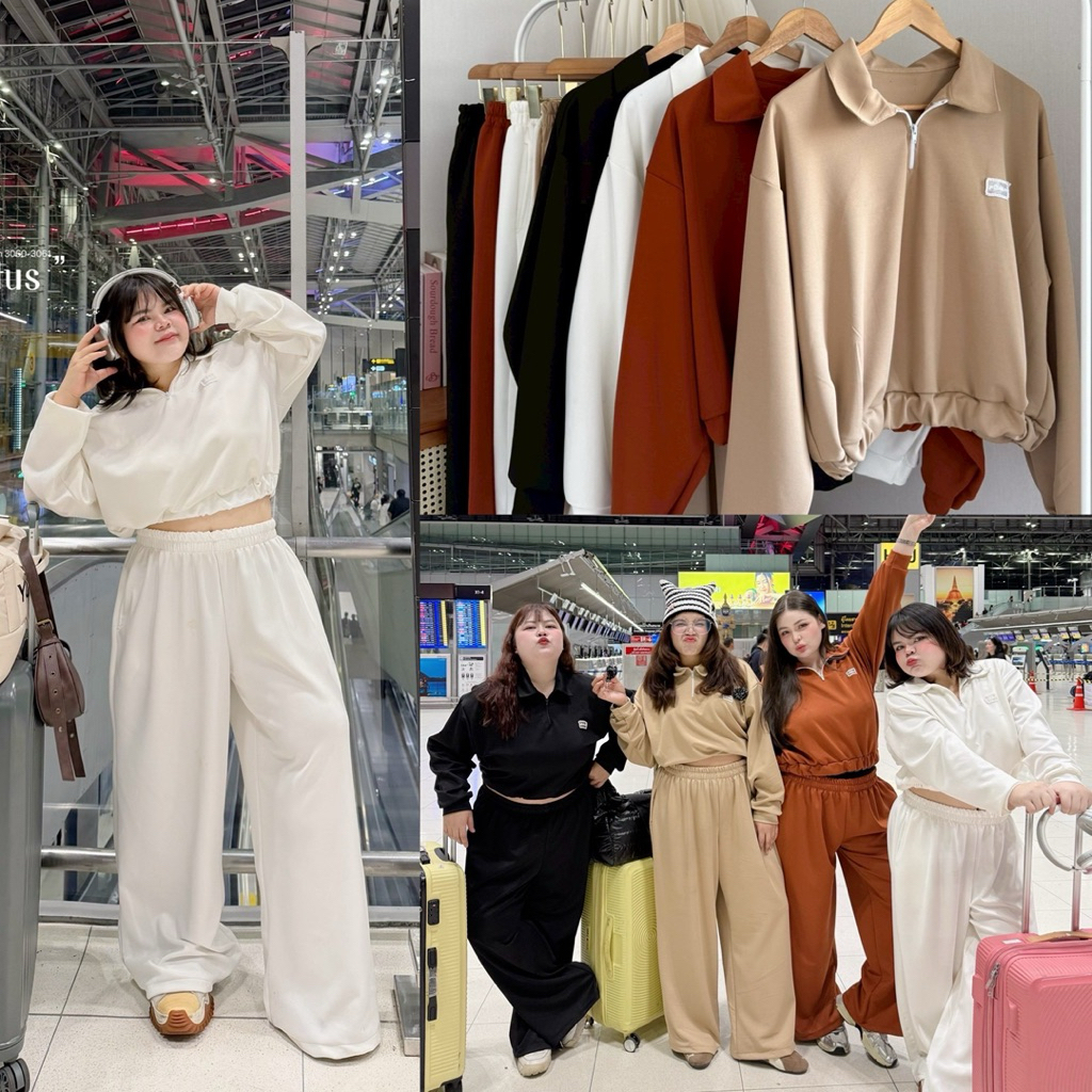 /LD/ ชุดเซ็ต2ชิ้น เสื้อแขนยาว+กางเกงขายาว Airport Look ผ้าวอร์มใส่สบาย #สาวอวบ อ้วน พลัสไซส์