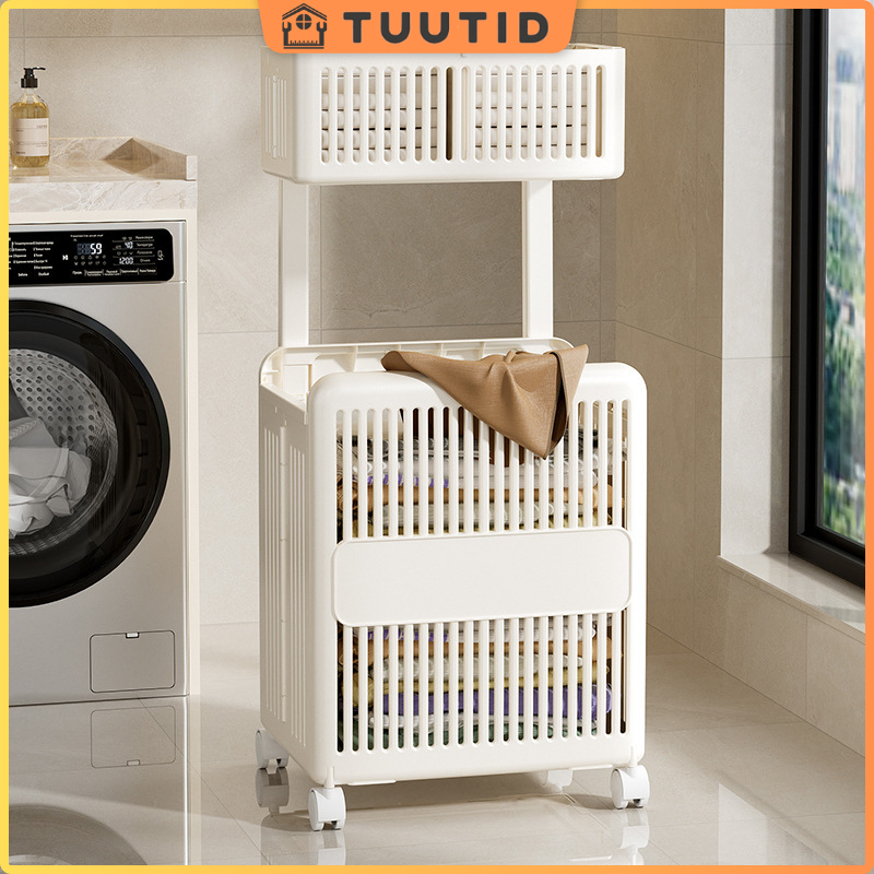 HOTUS ตะกร้าซักผ้าแบบพับได้ ตะกร้าพลาสติกพร้อมล้อ หลายชั้น ที่เก็บข้อมูลอเนกประสงค์ความจุขนาดใหญ่ ตะกร้าผ้า 2ชั้น