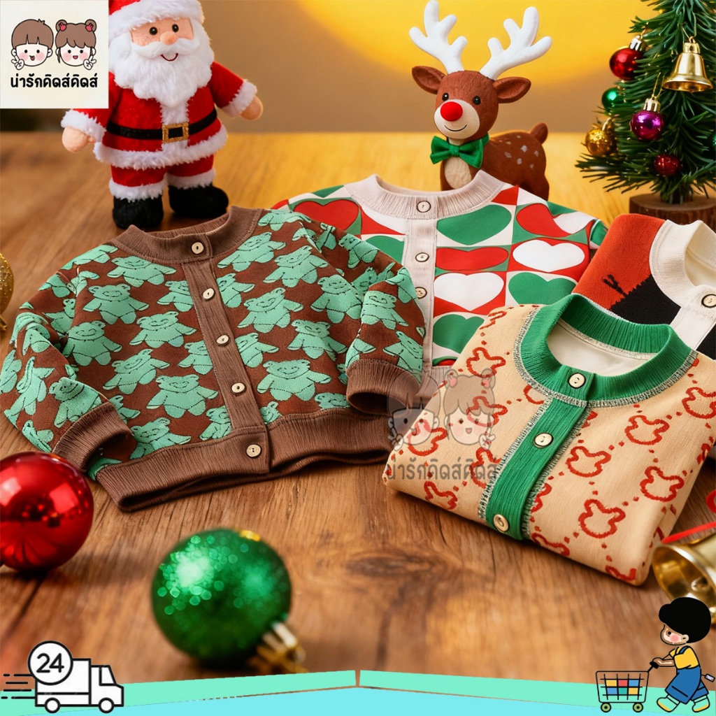 เสื้อคริสต์มาสเด็ก เสื้อพรมไหมเด็ก งานดีน่ารักมาก กระดุมติดหน้า สีแดงกับสีเขียว ลายน่ารัก ไซส์80-140