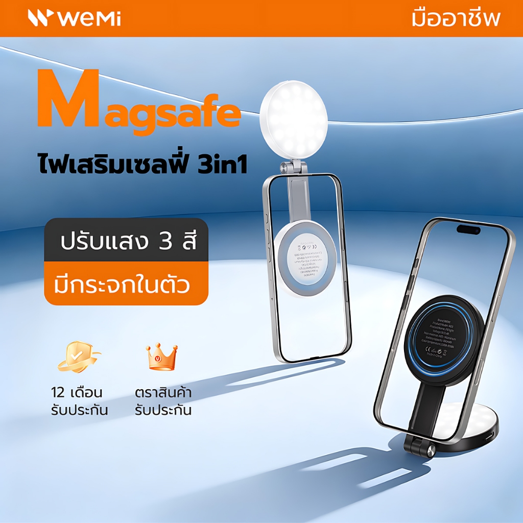 WEMI M03 MagSafe Fill Light ไฟเซลฟี่ 3in1 ไฟถ่ายภาพ วิดีโอ มีกระจกในตัว ปรับใช้งานเป็นขาตั้ง