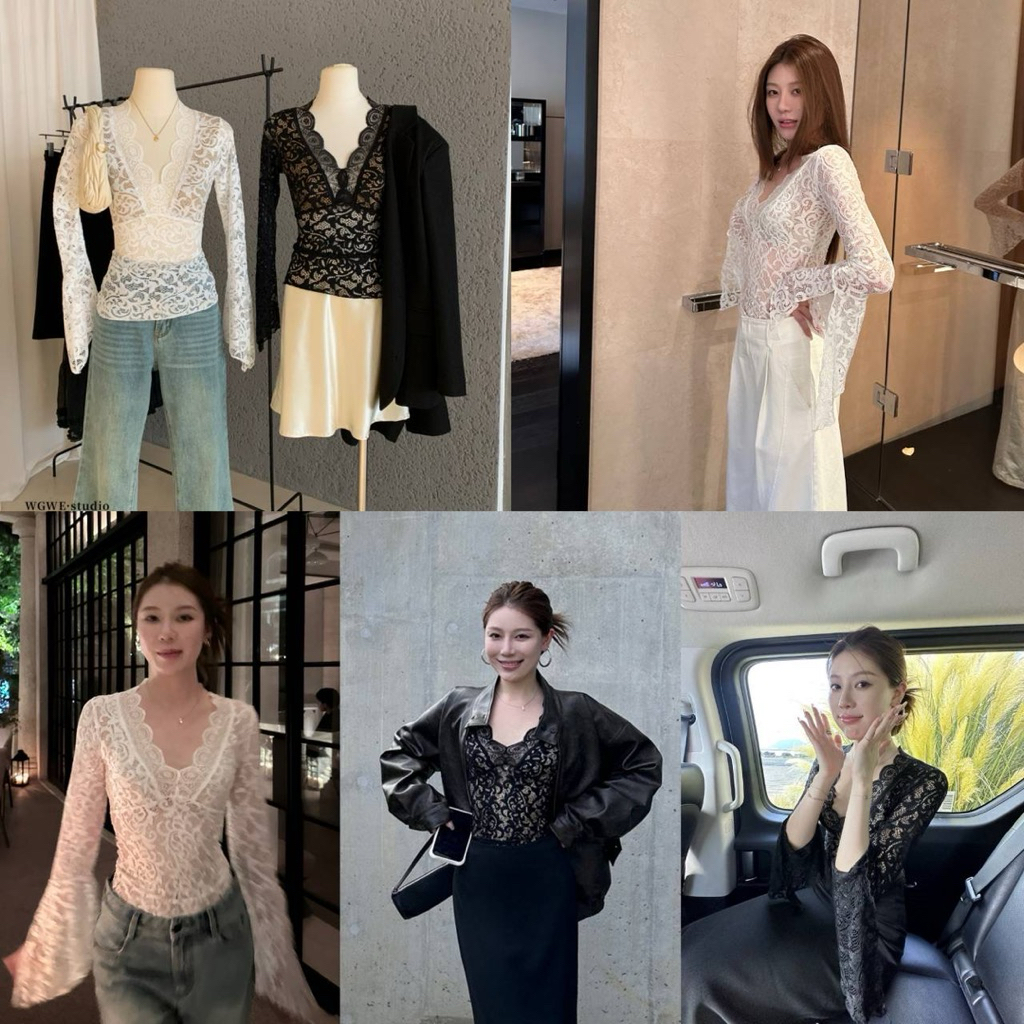 ส่งด่วน 🛵 𝐖𝐆.𝐖𝐄 7810 เสื้อคอวีแขนยาว งานผ้าลูกไม้เนื้อนิ่ม ผ่าปลายแขน