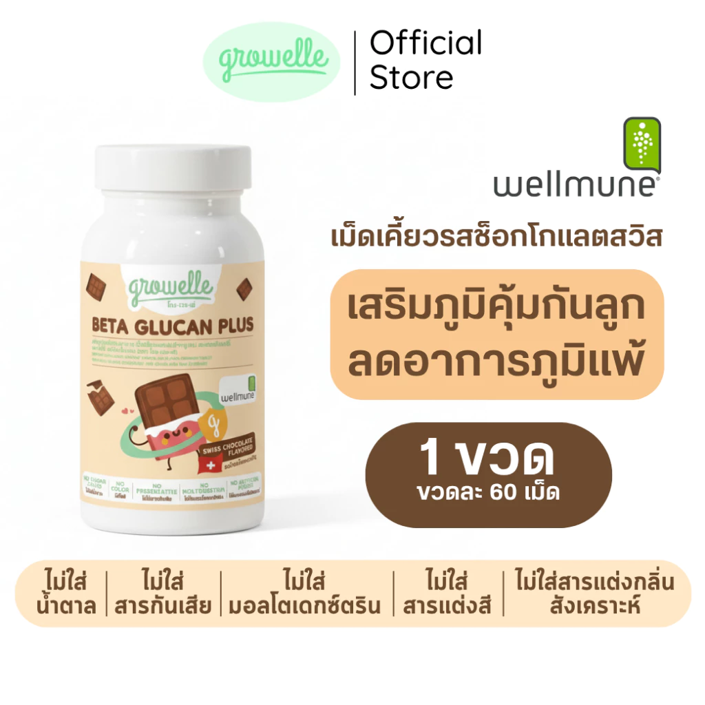 ● 1 กระปุก รสช็อกโกแลต - Growelle Beta Glucan Plus วิตามินเด็ก เสริมภูมิคุ้มกัน ลดภูมิแพ้