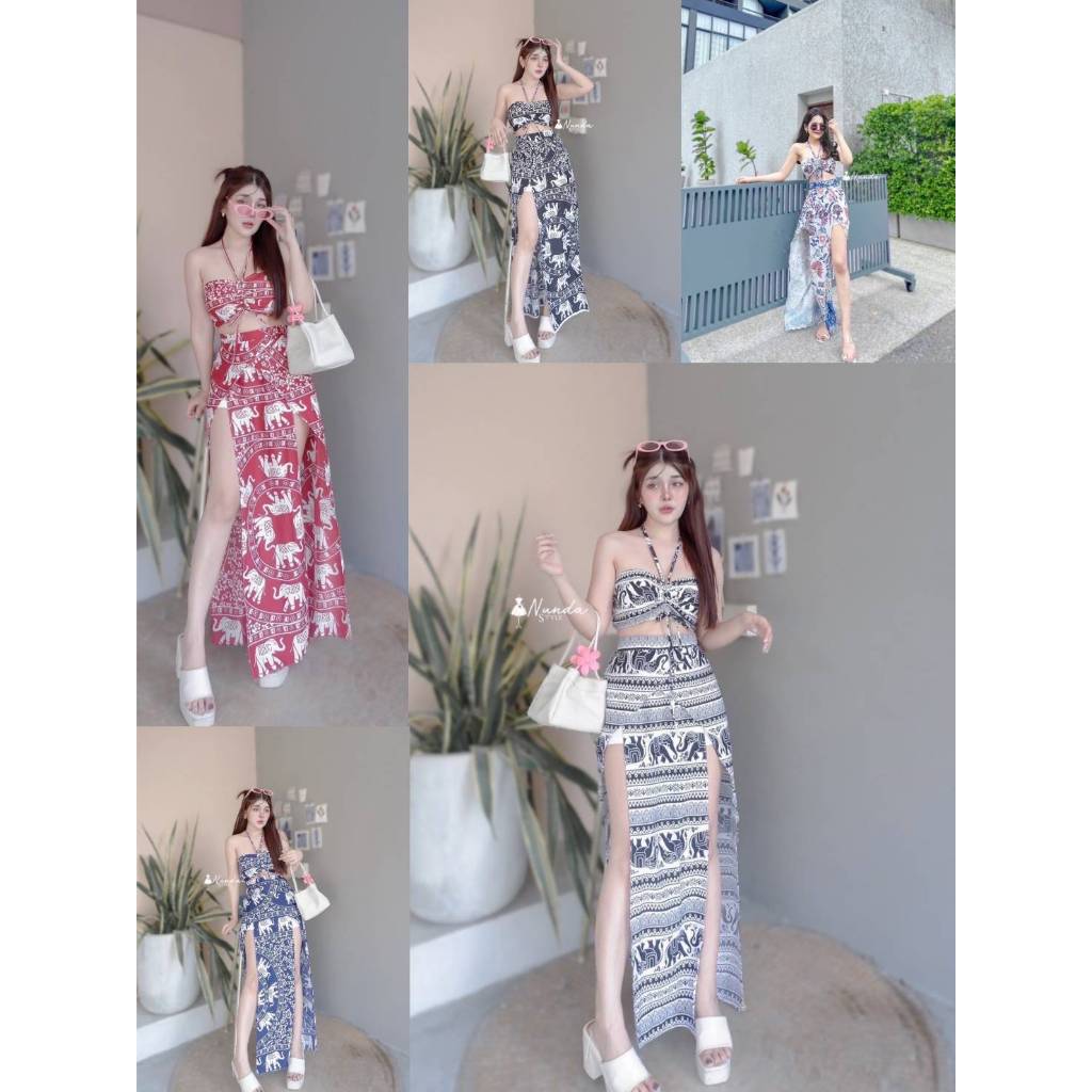 【NUNDA SHOP】 NDS 54777 Set 2 ชิ้น เสื้อเกาะอก สายคล้องคอ รูดอก ผ้าไหมอิตาลี่พิมพ์ลายกราฟฟิก + กางเกง