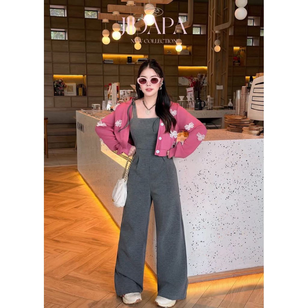 ใช้โค้ดลดเยอะ‼️(Used-S มือสอง)🔖Jidapa Style เชตผ้าวอร์มขายาวสีเทา เสื้อคลุมแขนยาวแต่งโบว์สีชมพู ผ้าด