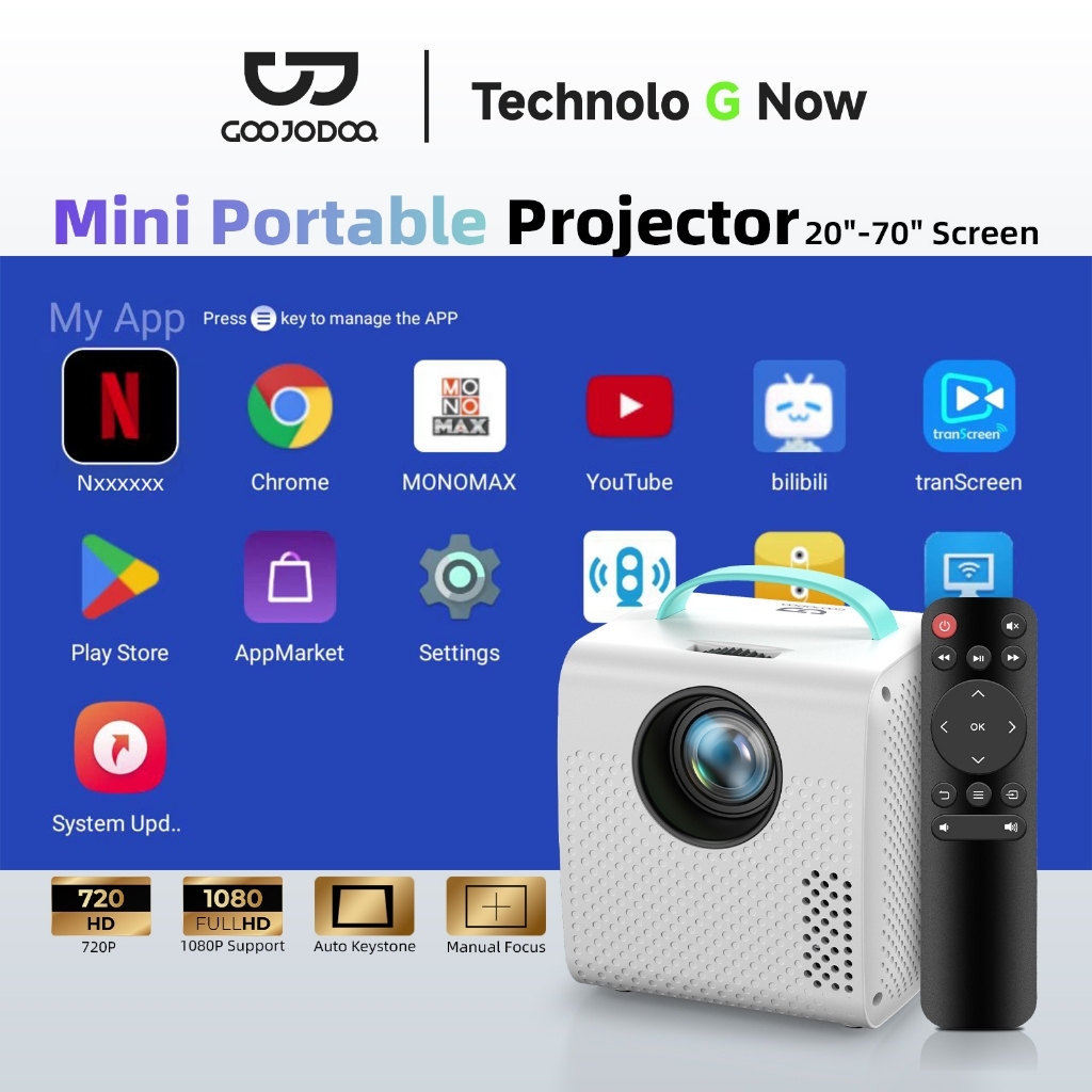 GOOJODOQ Ac1078 แบบพกพา โปรเจคเตอร องศาจอแสดงผลหน ้ Android 11 าจอขนาดใหญ จอพกพา Mini Projector