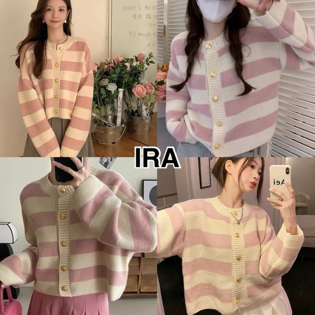 BY IRA GREAT BKK Cardigan เสื้อกันหนาวไหมพรม ลายทางสลับสี กระดุมปั้มนู้ดสีทอง ผ้าหนานุ่ม เกรดพรีเมี่ยม 3สี พร้อมส่ง