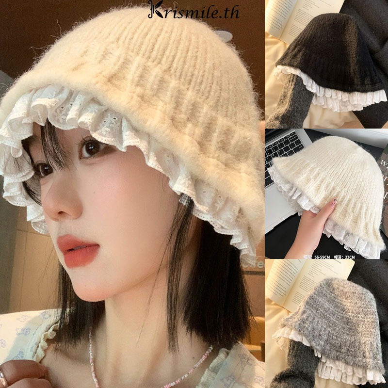 COD-ในไทย💖เกาหลีลูกไม้ถักหมวกหญิงฤดูใบไม้ร่วงฤดูหนาวแฟชั่นหวาน สีพื้นคุณภาพสู ให้ความอบอุ่นสวมสบาย เข้ากับทุกการแต่งกาย