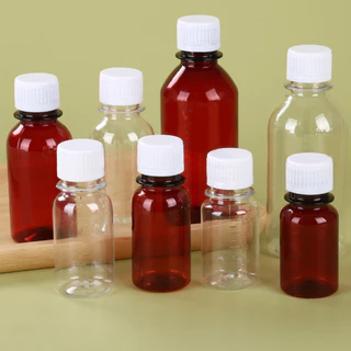 ขวดพลาสติก มีสเกล ขนาด 50/100ml แพค10ชิ้น ขวดสีชา / สีขาวใส พร้อมฝาสีขาว วัสดุPET บรรจุของเหลว PET bottle