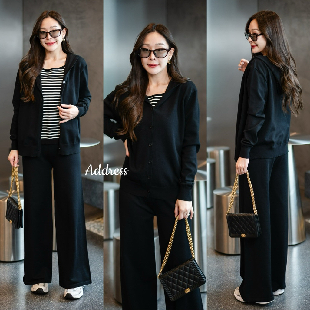 🌈🌿🌼🌸🌺🖤🩶🇰🇷Knit Hood Long Sleeve Patch Cotton Stripe  Top&Long Pant Set