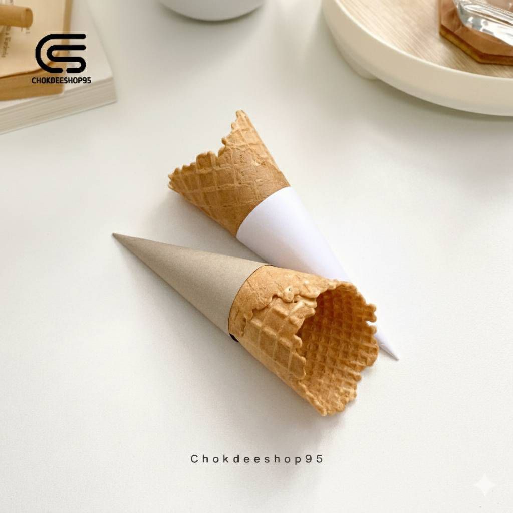 (400ชิ้น)กรวยกระดาษสวมโคนไอศกรีมสีคราฟต์/สีขาว กระดาษสวมโคนไอศกรีม🍦