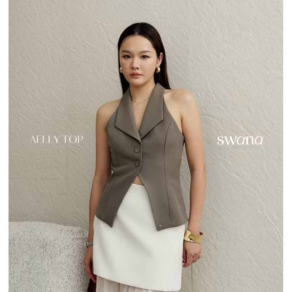 ส่งต่อ✅Swana.ss - Aelly vest top  (เสื้ออย่างเดียว) 🦩🕊️ Sเสื้อแขนกุดคอปก