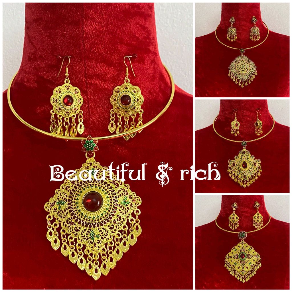 สร้อยคอพร้อมต่างหูแบบห่วง เครื่องประดับชุดไทย สีทองลงยา WW005