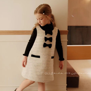 ชุดเด็กผู้หญิงแขนกุด สไตล์ชาแนล สีขาว เดรสทรงตรงสีขาวมีโบว์ส…