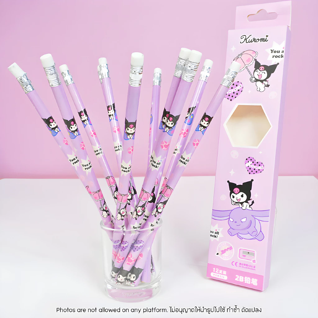 ดินสอ Kuromi 2B Pencil พร้อมยางลบ 3661 Kuromi ลายการ์ตูนน่ารัก สีม่วง แถมฟรี กบเหลา เครื่องเขียนนักเรียน เครื่องเขียน