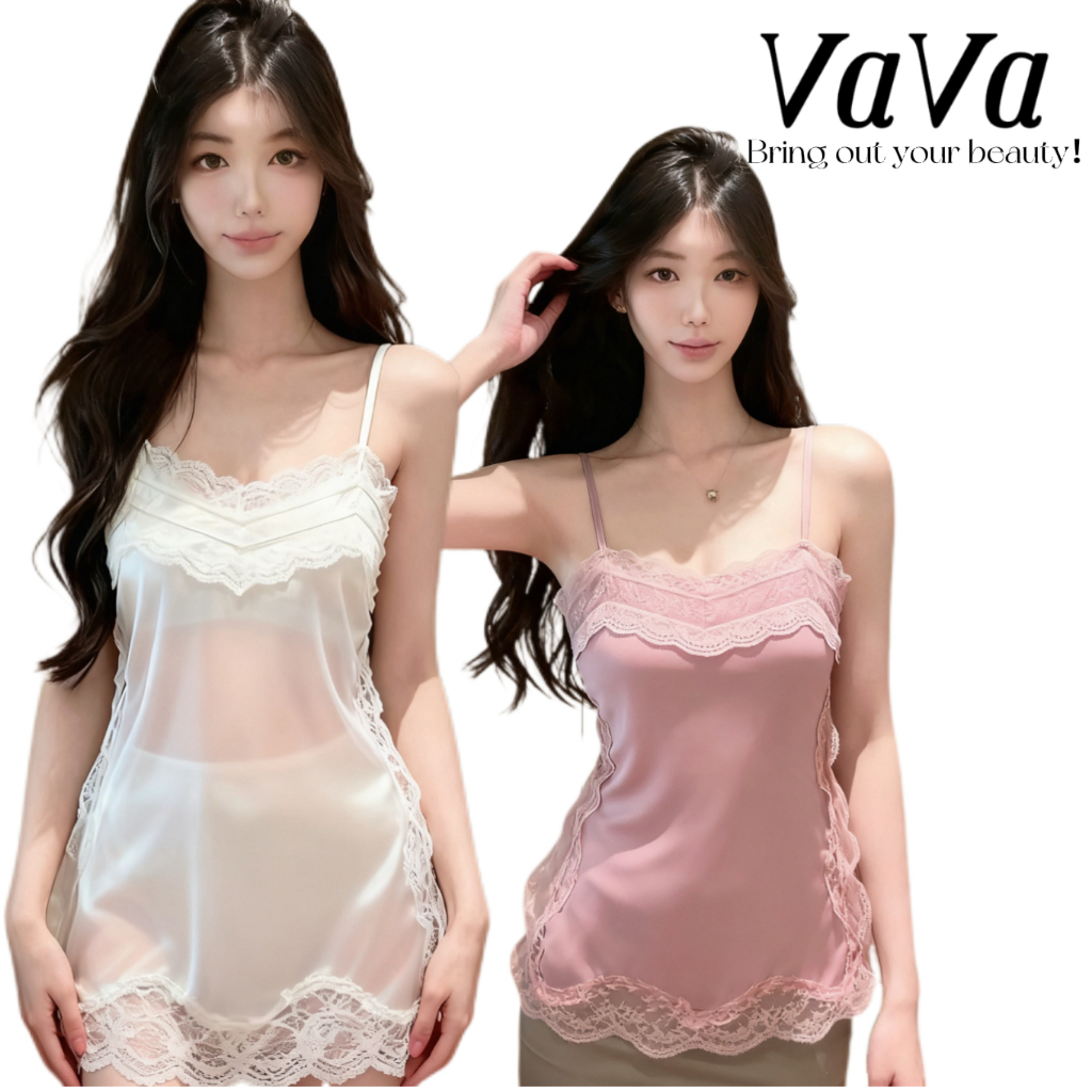 VaVa [มีสินค้าพร้อมส่ง] มีหลายสีให้เลือก ชุดนอนสายเดี่ยวผ้าลูกไม้สไตล์ยุโรปและอเมริกาสุดเซ็กซี่ ผ่าข้าง แขนกุด