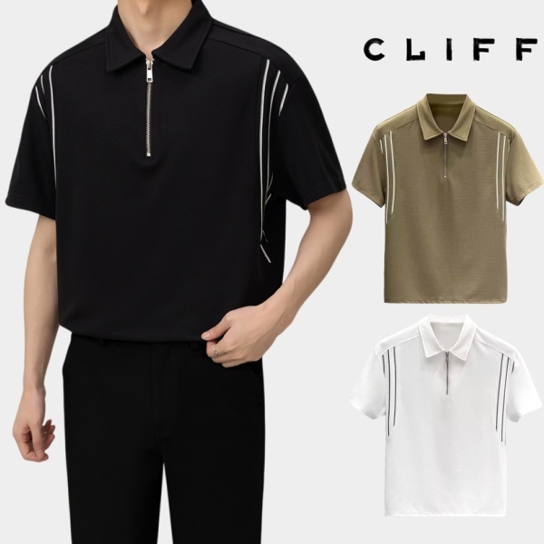 CLIFFเสื้อแขนสั้นผู้ชายแบบลำลอง ปกเสื้อ พื้นฐานและเข้ากับทุกสไตล์ เสื้อผ่าซิปครึ่งตัว หลวม ไม่ต้องรีด