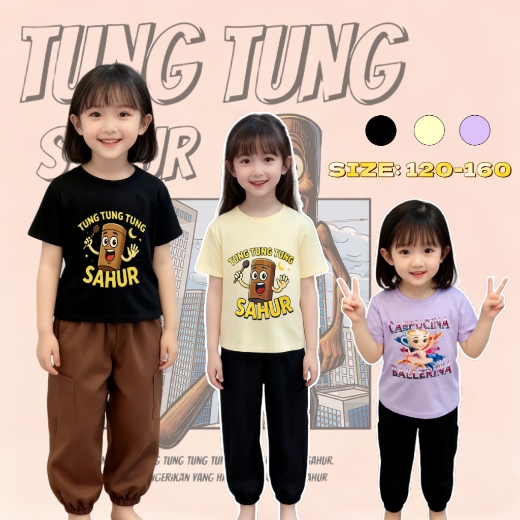 Beryl kids🌸ชุดเซ็ทเด็กผู้หญิง🎀ชุดลำลองสองชิ้น เสื้อยืดแขนสั้น+กางเกงคาร์โก้ พิมพ์ลายทุงทุงน่ารัก แฟชั่น ใส่สบาย