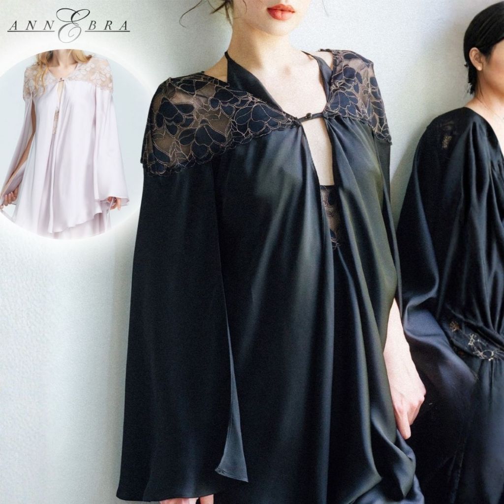 Annebra เสื้อคลุม แขนยาว ผ้าซาตินแต่งผ้าลูกไม้ซีทรู มีสายรัดคาดผูกเอว Satin Robe รุ่น AN8-897