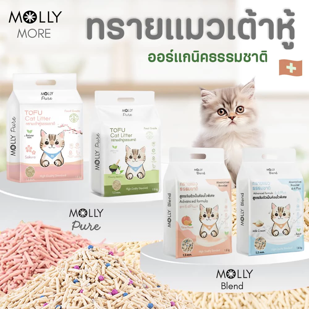 Molly Pure/Blend ทรายแมวออร์แกนิค ทรายแมวเต้าหู้ ผลิตจากธรรมชาติ100% คุมกลิ่น จับตัวเป็นก้อนไว ทรายแมว เบนโทไนท์