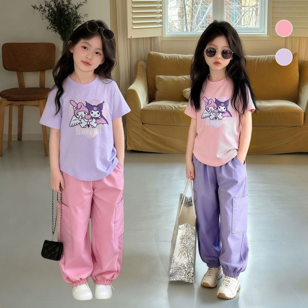Beryl kids🌸ชุดแขนสั้นเด็กผู้หญิง🎀ชุดแฟชั่นสองชิ้น เสื้อยืดพิมพ์ลายน่ารักและกางเกงคาร์โก้ ลำลอง ใส่สบาย สไตล์เกาหลี