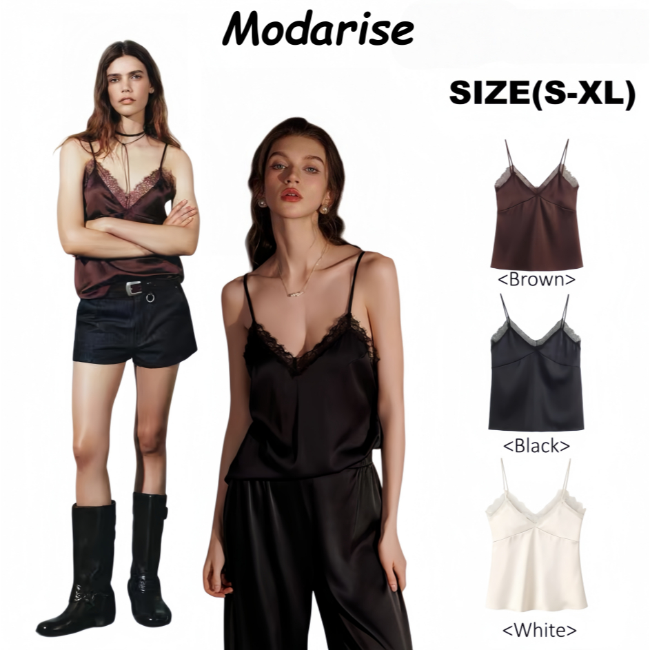 Modarise เสื้อสายเดี่ยวคอวีรุ่นใหม่ฤดูใบไม้ร่วง สไตล์แฟชั่นเซ็กซี่ แบบเสื้อครอปตกแต่งลูกไม้ ผ้าซาตินเงาหรูหรา