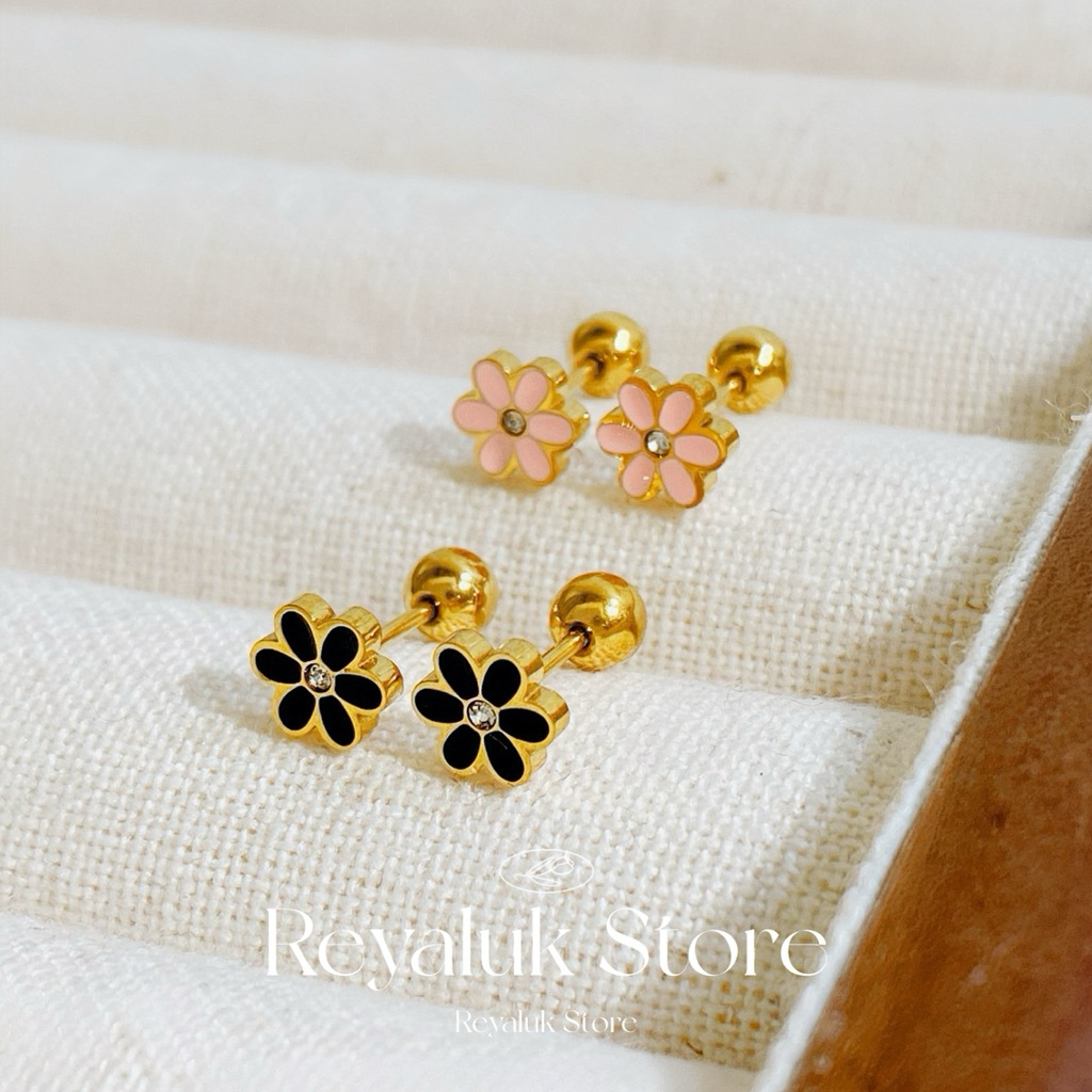 ต่างหูจิวหมุน ดอก เดซี่ Daisy มินิมอล หุ้มทอง 18K ใส่กันน้ำ ไม่แพ้ มี 2 สี ดำและชมพูสุดน่ารัก