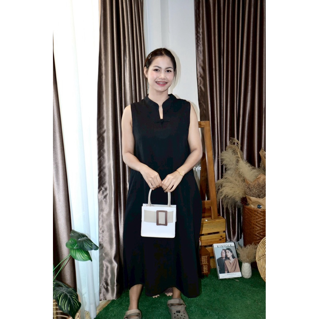 เดรสคอจีนแขนกุดกระดุมสานผ้าคอตตอนอินเดีย