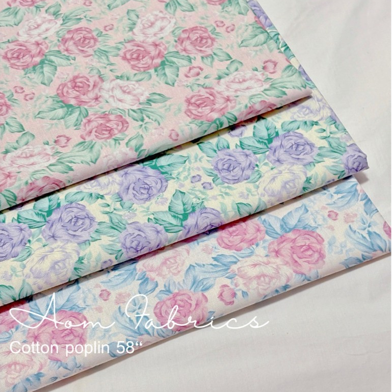 Aom Fabrics🌷ผ้าคอตตอนป๊อบลินลายดอก no.1401-1403 น่ารักมาก ผ้านิ่ม หน้ากว้าง 58 นิ้ว ผ้าเมตรนำเข้า พร้อมส่ง