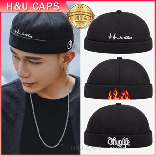 หมวก Beanie แฟชั่นสำหรับผู้ชายหมวกไม่มีขอบหมวกตัวอักษรเย็บปั…