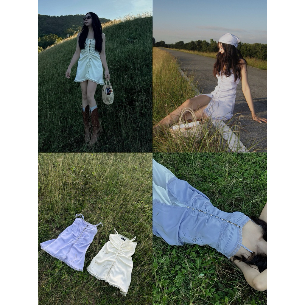 เดรสสั้นลูกไม้ สายปรับความยาวได้ กระดุมหน้าใช้งานได้จริง ผ้าซาตินลูกไม้ ผ้าไม่ยืดไม่บางนะคะ ** นางแบบสูง 158 นะคะ**