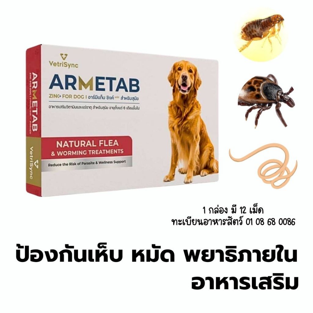 ARMETAB ZINC+ อาร์มีแท็บซิงค์พลัส ป้องกันเห็บหมัดสุนัข พยาธิภายในสุนัข 1 กล่อง 12 เม็ด