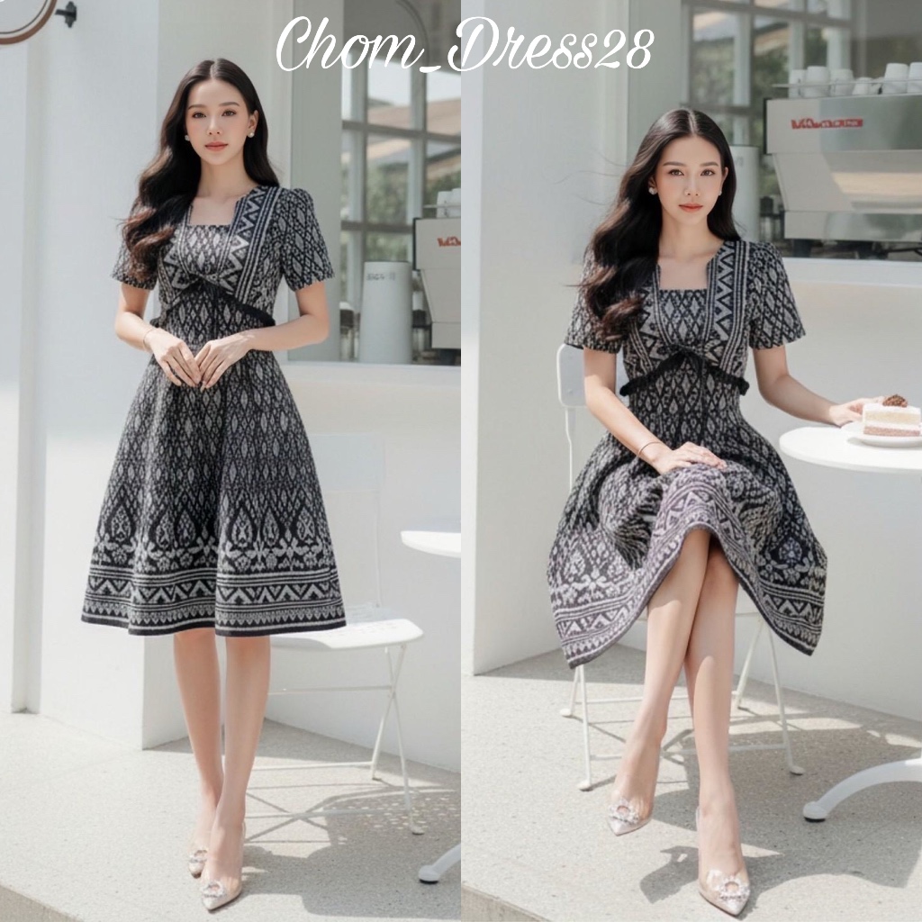 ชุดเดรสผ้าไทย สีดำ ผ้าทอลายอัดกาวทั้งชุด งานพรีเมี่ยมNo.772